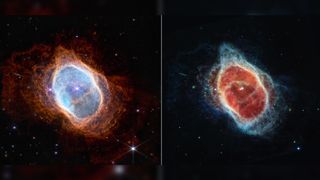 A side by side comparison of images of the Southern Ring Nebula taken in near-infrared (left) and mid-infrared (right). The left image shows wispy orange ribbons of gas and dust surrounding an oval shape "bubble" in the center. The right image shows wispy blue ribbons of gas and dust surrounding a central red "bubble".
