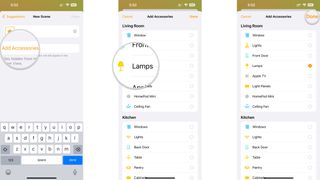 How to create scenes in the Home app on the iPhone by showing steps: Tap Add Accessories, Tap your Accessories, Tap Done.