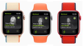 Apple Time to Walk episodes on three Apple Watch screens