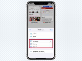 A red box highlights the group tabs button in Safari in iOS 15