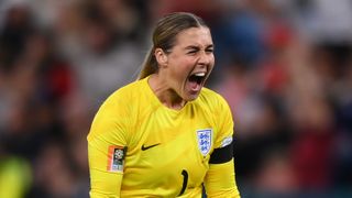 Mary Earps of England celebrates the team&#039;s 1-0 victory in the second match at the 2023 FIFA Women&#039;s World Cup.