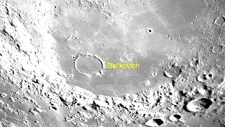 closeup of the moon's surface, showing numerous craters