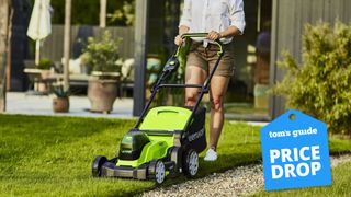 Greenworks lawnmower being used on freshly cut green grass