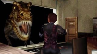 Regina facing T-Rex in Dino Crisis