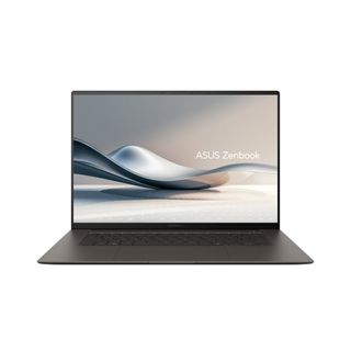 An open and powered-on dark gray laptop against a white background.