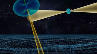 Artistic impression of the Double Pulsar system, where two active pulsars orbit each other in just 147 minutes.