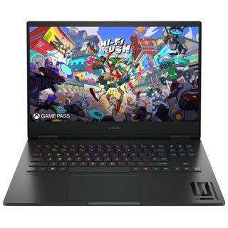 black HP Omen 16 gaming laptop against white background