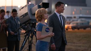 Channing Tatum and Ray Romano in the Launch Control Center in a scence from the new movie "Fly Me to the Moon." 