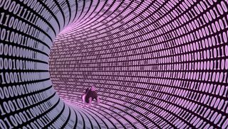 A rabbit running through a virtual tunnel made of pink binary code