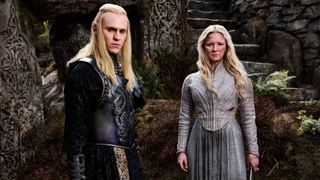 Charlie Vickers as Sauron and Morfydd Clark as Galadriel in The Lord of the Rings: The Rings of Power season 2