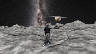 a rendered image of a man standing on the rocky grey surface of an asteroid, a space probe hovers in the distance behind him against a starry sky of space.