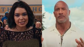 From left to right: Auli'i Cravalho in Mean Girls singing, and Dwayne Johnson talking with his hands in the Moana live-action announcement.