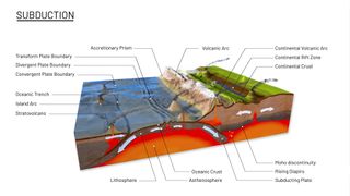 An illustration of plate tectonics and subduction when two plates of different densities collide.