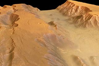 The valleys of Coprates Chasma in the east of Valles Marineris. This perspective view was created using stereo image data from DLR’s High Resolution Stereo Camera on board the European Space Agency’s Mars Express spacecraft.