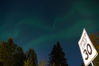 northern lights above alaska. Curtains of green light fill the sky.