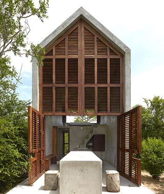 High gabled roof of Casa Tiny House.