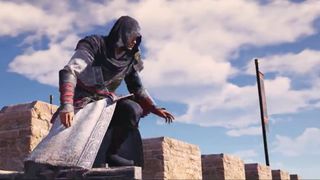 The protagonist of Assassin's Creed Jade sits on top of a castle wall