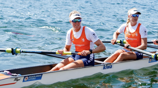 Benthe Boonstra of the Netherlands and Hermijntje Drenth of the Netherlands compete ahead of the rowing live stream at Olympics 2024 