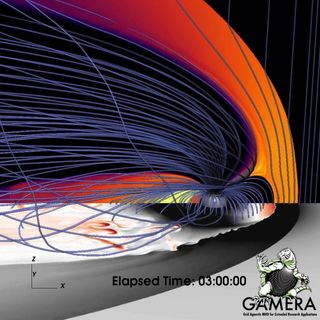 An image from a magnetohydrodynamic simulation by the Gamera project at the Johns Hopkins Applied Physics Laboratory shows bursty flows (in red and brown) in the plasma sheet.