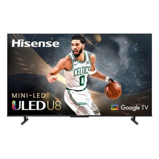 The Hisense U8K TV on a white background with an image of a basketball player on the screen