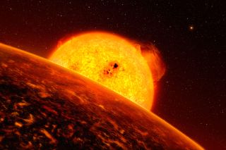 illustration of a molten exoplanet, with its fiery yellow-orange star in the near background