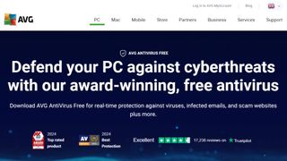 Website screenshot for AVG Antivirus showing multiple awards won by AVG Antivirus Free and 17,238 Trustpilot reviews.