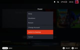 Entering Desktop Mode from Steam Deck Gaming Mode by holding the Power Button.