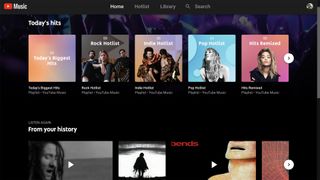 A screenshot of YouTube Music with a row of album art above a row of previous listens.