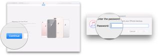 Transferring data to iPhone from iTunes showing steps to Click continue, enter password