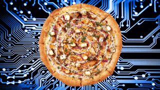 Dodo Pizza's ChatGPT "Chicken Shawarma AI- generated pizza" on a computer chip background