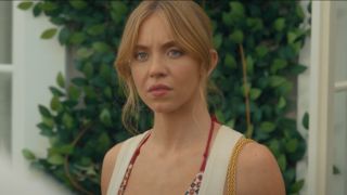 Sydney Sweeney looking a bit concerned in Anyone But You.