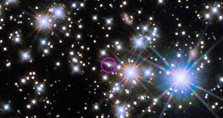 image showing glowing stars. A small circle highlights the infrared afterglow of the BOAT GRB, the brightest gamma-ray burst ever recorded.