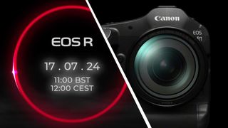 The launch date for a Canon event next to the Canon EOS R1 camera on a black background