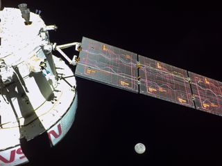 A camera on one of the Artemis 1 Orion capsule's solar arrays captured this photo of the moon on Dec. 1, 2022, as the spacecraft prepared to leave lunar orbit.