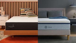 The Cocoon by Sealy Chill mattress is seen on the left hand side of the image, while the Zinus Ultra Cooling Green Tea Mattress is seen on the right