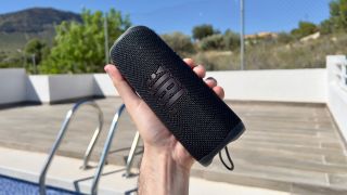 JBL Flip 6 held in someone's hand by a pool