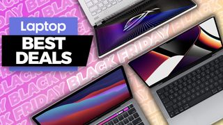 Black Friday 2022 laptop best deals banner with black friday background and three opened laptops