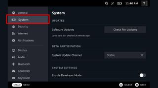 Steam Deck System menu.