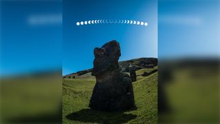 A time lapse showing the progression of a solar eclipse directly above an Easter Island statue