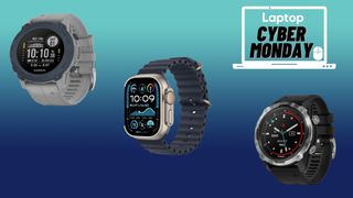 Garmin Descent G1, Apple Watch Ultra 2, Garmin Descent Mk 2 smartwatches on a gradient blue background with a Cyber Monday deals badge