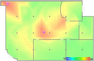 Signal strength when an Eero satellite unit (red circle in center) is added. Credit: Purch Labs