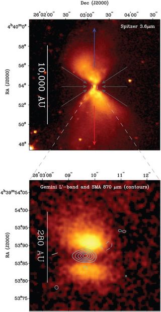 Images of the protostar taken with the Spitzer Space Telescope (top) and the Gemini North telescope (bottom). The contours outline the millimeter-wave emission as observed by the Submillimeter Array (SMA). The top image shows reflected light associated with the outflow from the protostar and the bottom image is showing reflected light from the upper surface of the disk around the protostar.