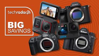 a collection of cameras on sale, orange background
