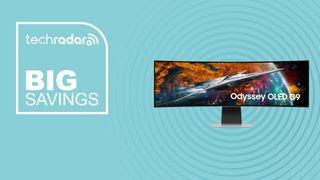 Samsung Odyssey OLED G9 gaming monitor on blue background with big savings text overlay