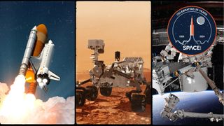 25 years of spaceflight in three slides showing a space shuttle, Mars rover and SpaceX Dragon capsule in orbit.