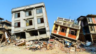 Buildings are reduced to rubble after the 2015 earthquake in Nepal.