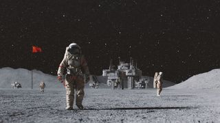 An illustration showing three astronauts roaming around the moon. One is coming closer to the camera. There's a moon base in the background as well as a red flag. The sky is dark and starry.