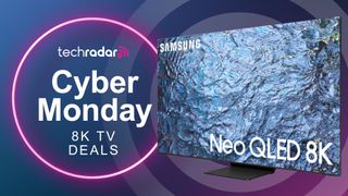 Samsung QN900C on a blue background next to text reading TechRadar Cyber Monday 8K TV deals