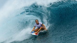Carissa Moore of team United States catches a wave training for the 2024 Olympic surfing event in Tahiti.