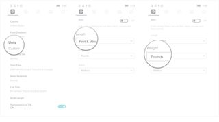 Tap on units, tap on the length drop down menu, or tap on the weight drop down menu.